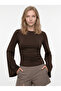 Women's Fabric Ruffle Detail Wide Sleeve Blouse Brown - 6