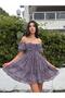 Women's Gray Chest-Gloped Dress with Tie Detail and Patterned Mini Dress Yel0351 - 5