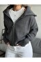 Women's Anthracite Zip-Up Turn-Down Collar Knitwear Cardigan - 2