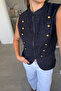 Premium High Collar Zippered Jean Vest - Dark Navy Blue - 2