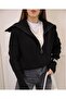 Women's Black Zip-Up Turn-Down Collar Knitwear Cardigan Oversized Crop Knit Jacket