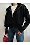 Women's Black Zip-Up Turn-Down Collar Knitwear Cardigan Oversized Crop Knit Jacket - 2