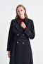 Chain Accessory Detailed Belted Navy Blue Trench Coat 13560 - 3