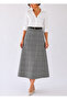 Belted Detailed Midi Length Loose Gray Plaid Patterned Woven Skirt