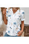 Women's White Floral V-Neck Short Sleeve Blouse - 2