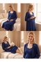 Navy Blue Dressing Gown with Lace Sleeves Maternity Nightgown Set - 4