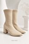 Rachel Women's Beige Pointed Toe Diver Stretch 7 cm Thick Heeled Sock Boots Bootie - 4