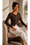 Women's Brown Button Detailed Long Sleeve Crew Neck Viscose Fabric Cardigan Blouse - 3