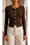 Women's Brown Button Detailed Long Sleeve Crew Neck Viscose Fabric Cardigan Blouse - 6
