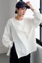 Women's Oversized Crew Neck Long Sleeve 100% Cotton Single Jersey T-Shirt with Side Slits - 4