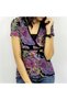 Women's Purple Floral V-Neck Short Sleeve Blouse - 2