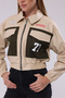 Women's Double-Capped Faux Leather Waist Elasticated Front Denim Gabardine Printed Coat Street Fashion Zipper Jacket - 7
