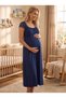 Navy Blue Dressing Gown with Lace Sleeves Maternity Nightgown Set - 2