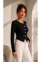 Women's Black Button Detailed Long Sleeve Crew Neck Viscose Fabric Cardigan Blouse - 2