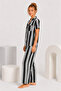 Women's Black White Striped Front Buttoned Short Sleeve Shirt Collar Pajama Set - 4