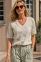 Women's V-Neck Organza Short Sleeve Knitwear Sweater - 3