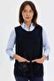 Women's Crew Neck Cross Patterned Short Wool Vest Dark Blue - 5