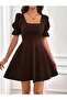 Brown Watermelon Sleeve Mini Dress - Square Neck Casual Chic - 2