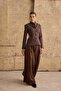 Women's Brown Striped Buttoned Stand Collar Padded Pocket Jacket - 2