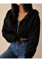 Black Cropped Hooded Zippered Short Cardigan