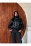 Women's Premium Oversize Asymmetrical Stand Collar Epaulet and Cuff Detailed Zippered Faux Leather Jacket El-5126 - 5