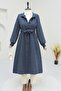 Women's Belted Balloon Sleeve Cashmere Coat Navy Blue - 2