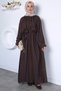 Coffee-Colored Elastic Waist Belt Detailed Stone Embroidered Hijab Dress