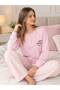 Women's Long Sleeve Three Button Collar Noodle Printed Sleeves Cuff Detail Waffle Fabric 100% Cotton Pajama Set - 4