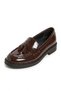 Brown patent leather genuine leather tasseled women's loafer shoes - real leather inside and out, pom-pom moccasins - 8