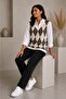 Women's Acrylic Diamond Patterned Furry Collar Ribbed Knitwear Sweater Oversize Vest - 2