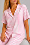 Women's Pink White Striped Short Sleeve Shirt Collar Buttoned Pajama Set - 2