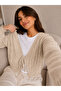 Women's V-Neck Tie Hair Braid Patterned Long Sleeve Crop Knitwear Cardigan - 4