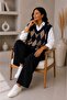 Women's Acrylic Diamond Patterned Furry Collar Ribbed Knitwear Sweater Oversize - 6