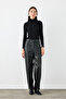 Ribbed Stitched Wide Leg Leather Trousers - Black - 3