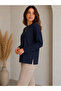 Slit Crew Neck Long Sleeve Basic Modal Blouse Navy Blue - 3