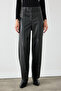 Ribbed Stitched Wide Leg Leather Trousers - Black - 2