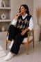 Women's Acrylic Diamond Patterned Furry Collar Ribbed Knitwear Sweater Oversize Vest - 6