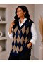 Women's Acrylic Diamond Patterned Furry Collar Ribbed Knitwear Sweater Oversize - 8