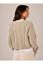Women's V-Neck Tie Hair Braid Patterned Long Sleeve Crop Knitwear Cardigan - 3