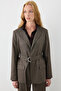 Beli Belted Collarless Sequined Herringbone Jacket - Brown - 3