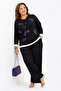 Plus Size Crew Neckline Stone and Text Detailed Long Sleeve Relaxed Cut Women's Trouser Set