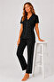 Women's Black Patterned Shirt Collar Short Sleeve Buttoned Long Pajama Set - 2