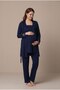 Women's Navy Blue Lace Long Sleeve Maternity Pajama Set with Easy Nursing Dressing and Comfortable Robe - 6