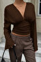 V-Neck Wide Sleeves Gathered Brown Blouse - 6