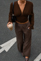 V-Neck Wide Sleeves Gathered Brown Blouse - 3