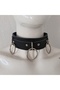 Unisex Genuine Calfskin Three Big Ring Detailed Gothic/Punk Choker Collar Necklace - Black Leather, 44 cm Adjustable Rocker Jewelry - 2