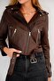 Women's Black Leather Jacket with Zipper Detail - 2
