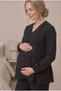 Women's Black Double-Breasted Collar Side Tie Muslin Fabric Maternity Pajama Set - 2