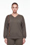 Women's Khaki Winter V-Neck Stripe and Stone Detailed Accessory Tracksuit Set - 3