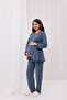 Indigo Ruffled Double-Breasted Cotton Long Sleeve Maternity Pajama Set and Nightgown 4-Piece Set - 3